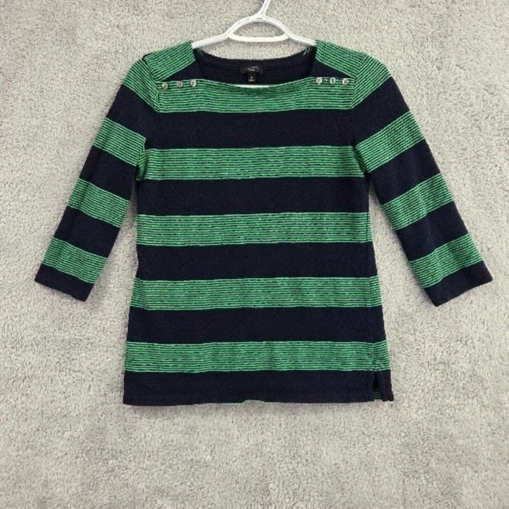 Talbots Striped Top Women's SP Green Navy Blue Button Shoulder 3/4 Sleeve Cotton